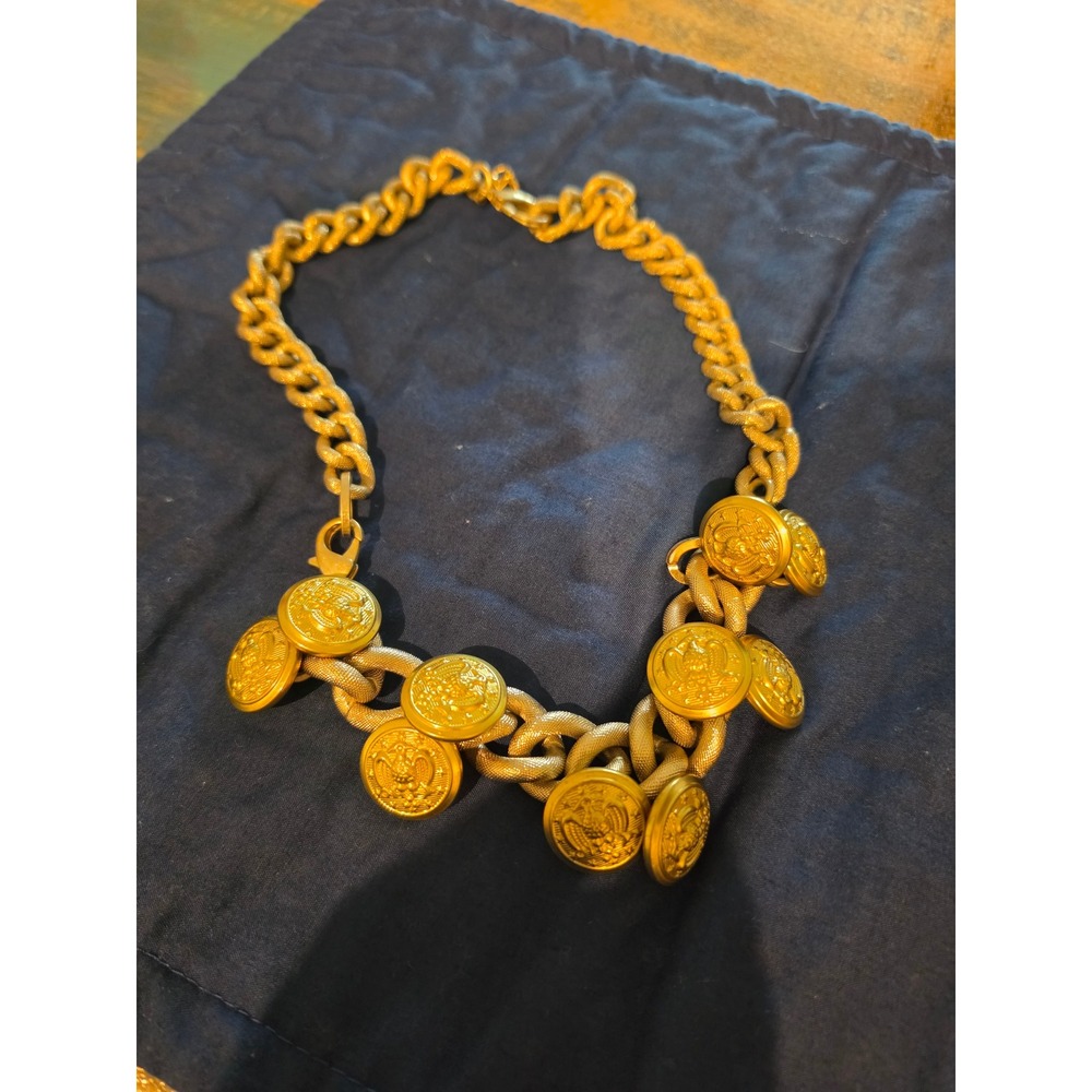 CAbi Gold Tone Chunky Chain Statement Necklace / Bracelet Military Crest Button